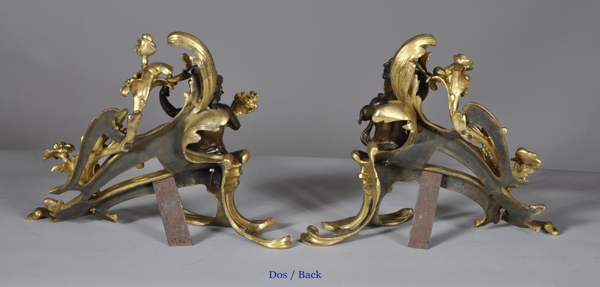 Красивая пара старинных дровниц эпохи Людовика XV, украшенных аллегориями Лета, изготовленных из позолоченной бронзы и бронзы с коричневой патиной.-7