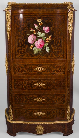 Жюльен-Николя РИВАР (1802-1867) – Секретер-комод, украшенный маркетри из дерева и фарфора в виде распустившихся роз-0