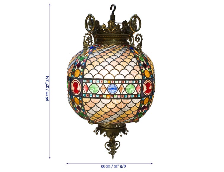 Великолепная сферическая люстра из разноцветного стекла в Неоготическом стиле, конец 19 века.-6