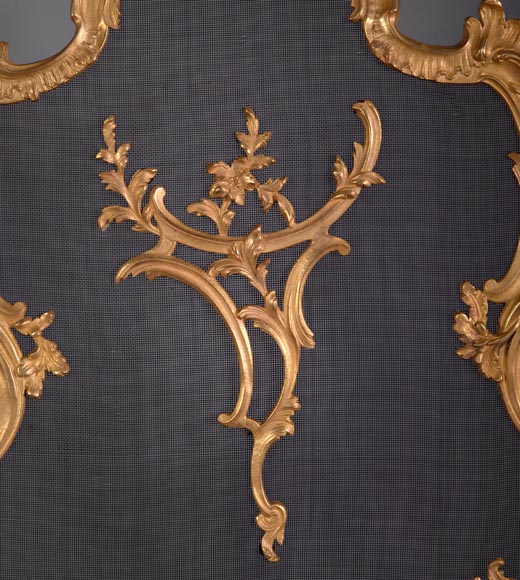 Красивый старинный защитный экран камина в стиле Людовика XV из позолоченной бронзы.-2