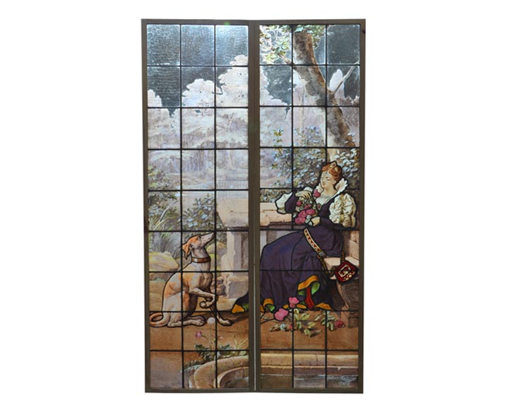 «Владелица замка с борзой», двустворчатое окно с витражом, подписанное Юбером Мартино из Парижа.-0